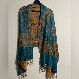 Laura Baroni 100% Italian silk Teal and Gold Paisley Shawl